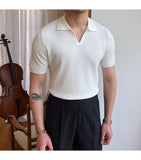 Bonsir Summer New V-neck Men's Solid Color Short-sleeved T-shirt British Slim Lapel Knitted Striped Casual  Polo Shirt