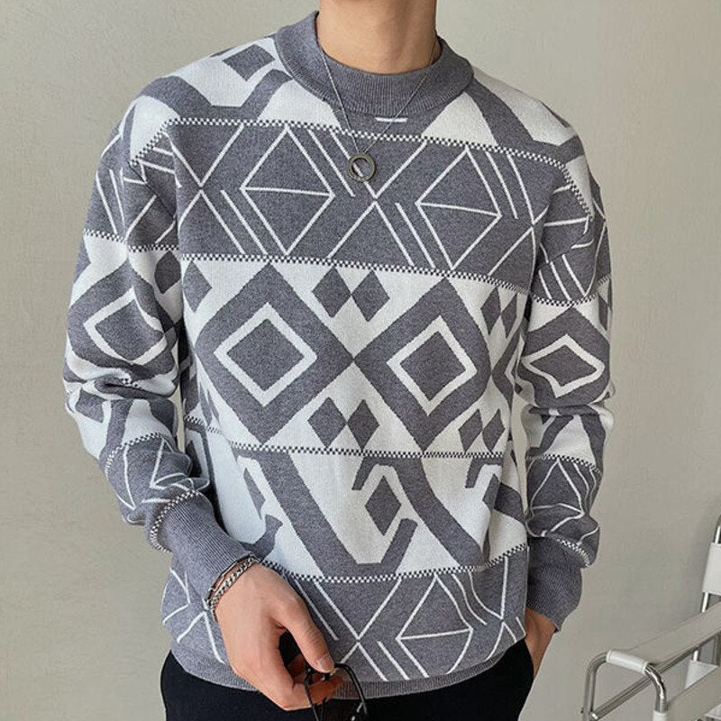 Bonsir  Korean Style Fashion Diamond Printing Sweater Mens Pullover Sweater Pull Homme Autumn Sweater For Men Knitted Round Neck Sweater