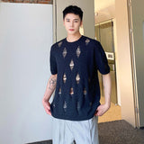 Bonsir Summer Hole Design Male Round Neck T-shirts Solid Color Short Sleeve Men's Knitted Tops 2023 New Korean Casual Trend