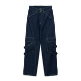 Bonsir Harajuku Solid Color Multi-pockets Jeans Pants Men and Women Straight Cargo Pants Washed Streetwear Baggy Casual Denim Trousers