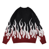 Bonsir Retro Flame Printed Contrast Color Pullover Autumn Sweaters for Men and Women Round Neck Patchwork Hip Hop Baggy Knitted Tops