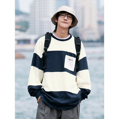 Bonsir Men Striped Hoodies Oversized Sweatshirt Harajuku Pullovers Neutral Korean Fashion Couples Matching Pocket Long Sleeve Tops