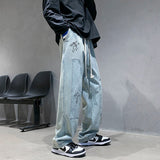 Bonsir Washed Blue Mopping Jeans Men Hiphop Casual Loose Straight Wide Leg Printed Cross Overalls Casual Denim Trousers Four Seasons
