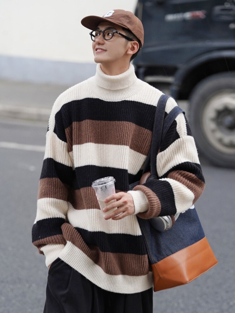 Bonsir  Turtleneck Striped Sweater For Men Loose Autumn Fashion Knitted Pullovers Warm New Brand Male Casual Clothing