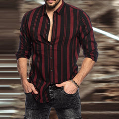 Bonsir Autumn Casual Men Clothes Vintage Striped Print Shirts Long Sleeve Turn-down Collar Button-down Tops Mens Spring Fashion Shirt