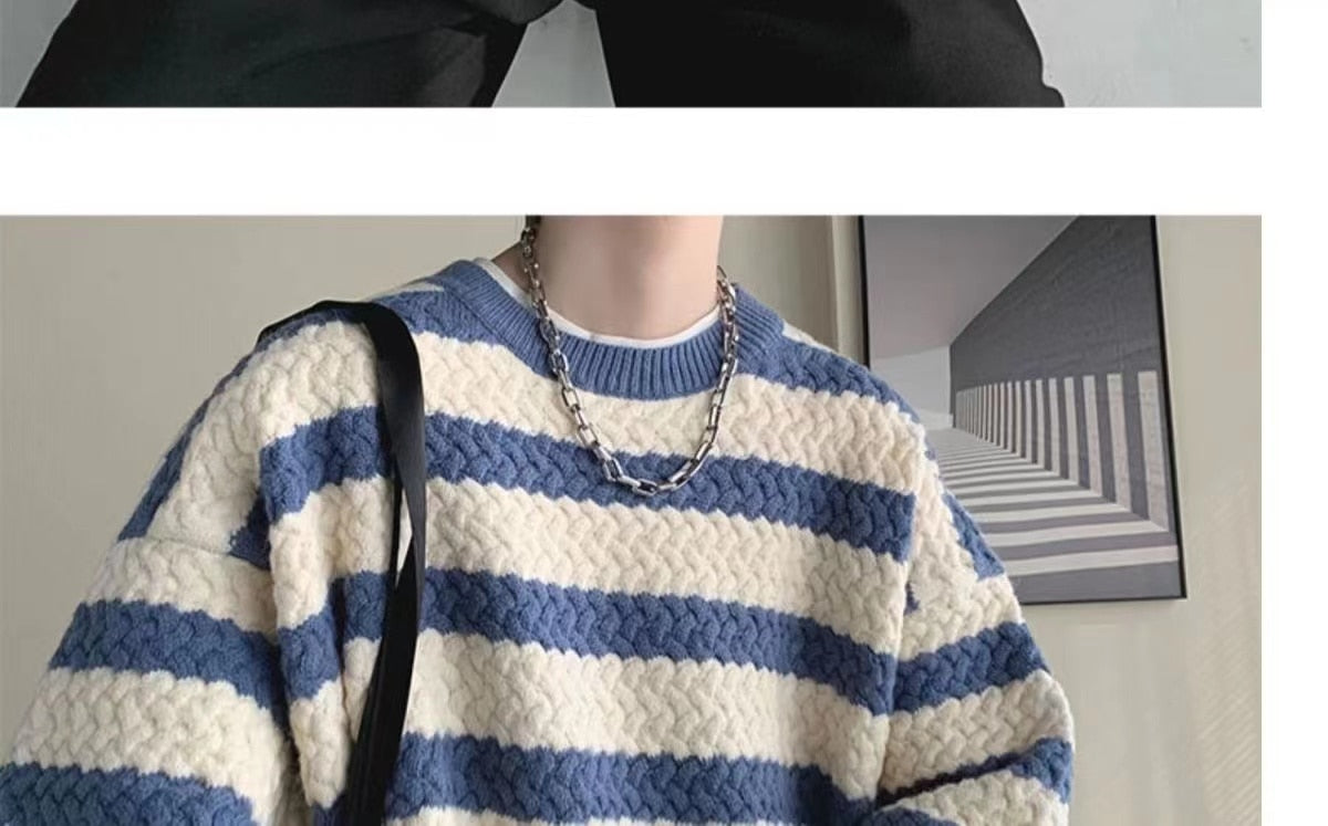 Bonsir Winter Men's Stripe Printing Coats Round Neck Wool Sweater Retro Loose Pullover Fashion Trend Thickened Knitting M-2XL