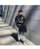 Bonsir  Men's Loose Russian PU Leather Jackets Casual Fashion Trend Outerwear Top Black Color Motorcycle Jackets Baseball Coats