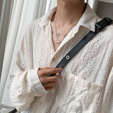 Bonsir Shirts for men Apricot Handsome Lapel Men Blouse Vacation Hollow Out Sexy Fashion Men Clothing Male Mesh Long-sleeved Shirts