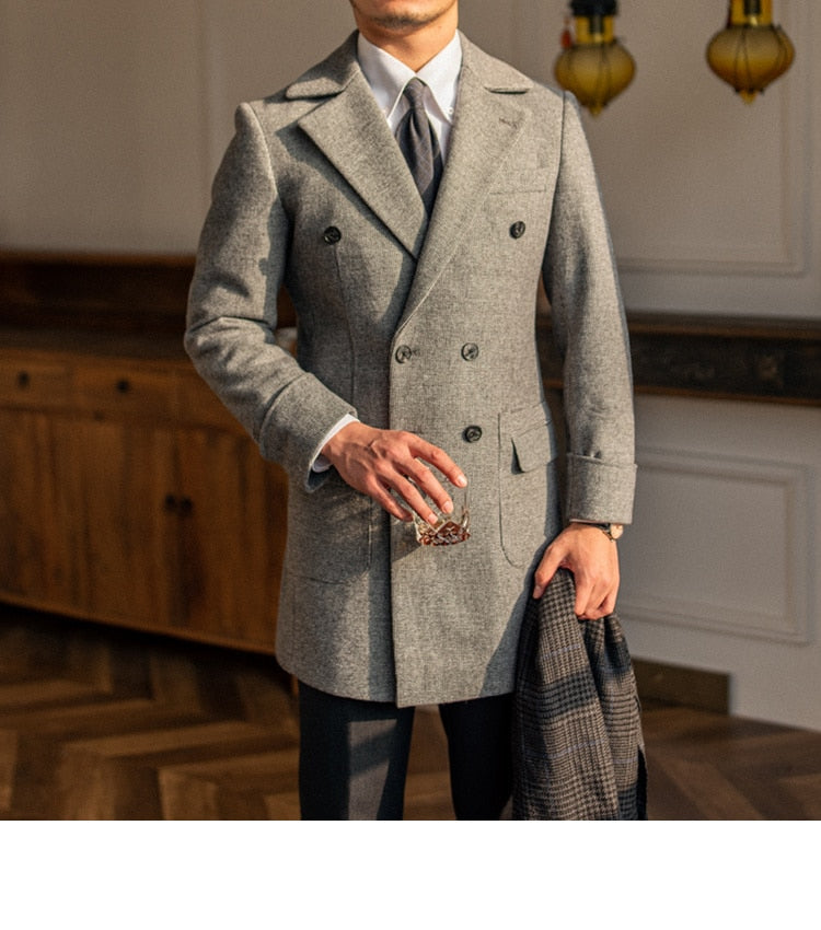 Bonsir High Quality Mens Woolen Coat British Retro Tweed Plaid Coat Men Long Warm Jacket Fall Winter Abrigo Largo Hombre Mantel Wolle