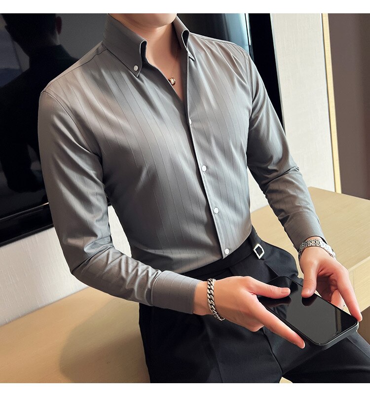 Bonsir British Style Striped Shirts Men V Collar Long Sleeve Casual Shirt Male Business Formal Dress Shirts Social Party Blouse