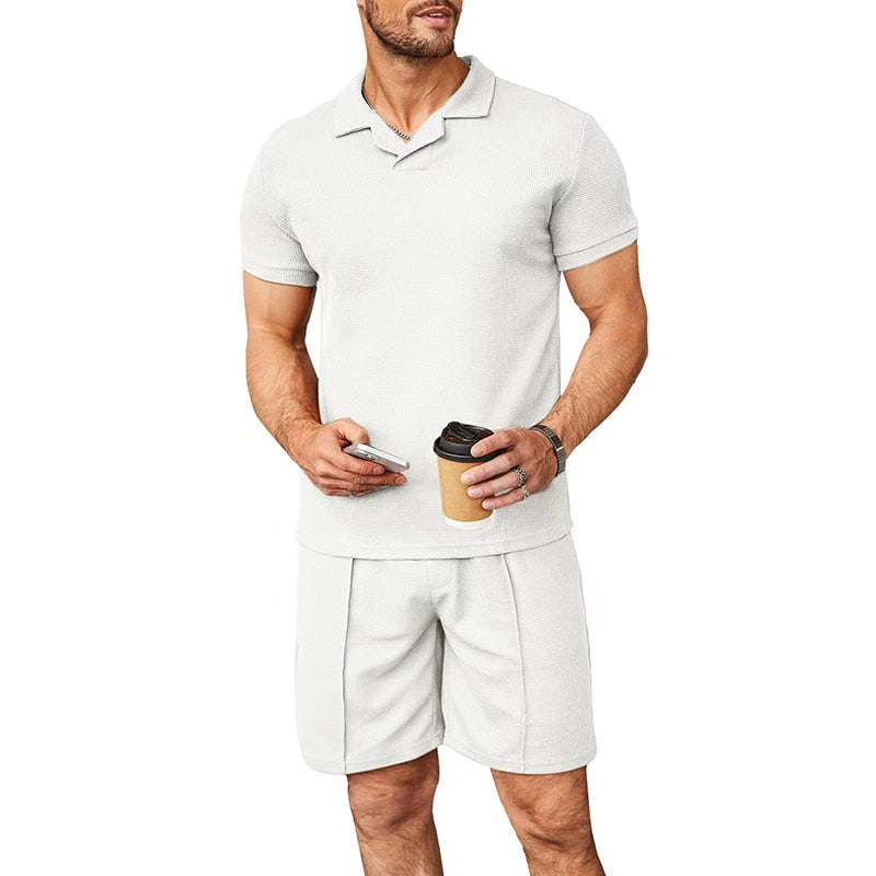 Bonsir Leisure Solid Color Ribbed Two Piece Sets Men Fashion Short Sleeve Lapel Polo Shirts And Shorts Suits For Men's Summer Clothing