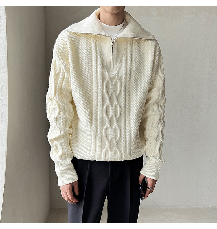 Bonsir High Quality Large Lapel Pullover Sweater Black White Coarse Zipper Knitted Sweater For Men Pull Homme Men Winter Sweater Brand