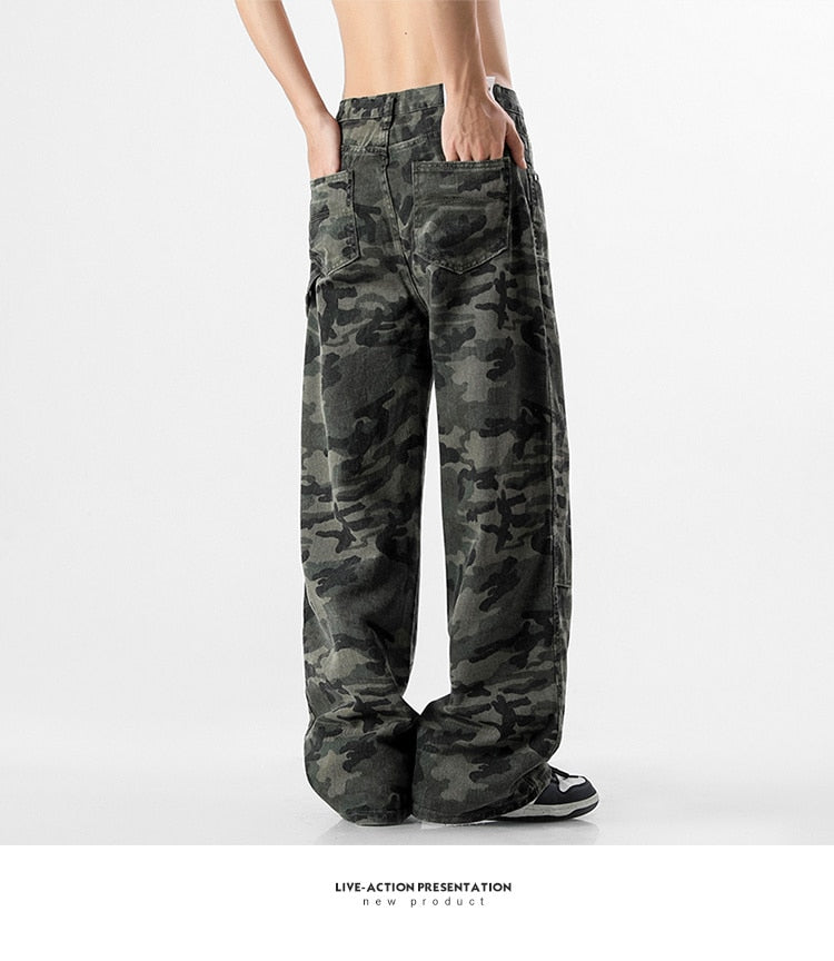 Bonsir American camouflage jeans women's spring and autumn loose straight overalls large wide leg camo pants ins high street fashion