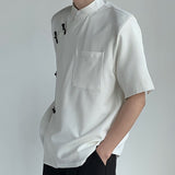 Bonsir Men's Irregular New Chinese Style Disc Button Short Sleeve Shirt Summer Fashion Man Fashion Casual Blouse Turtleneck Tops Tee