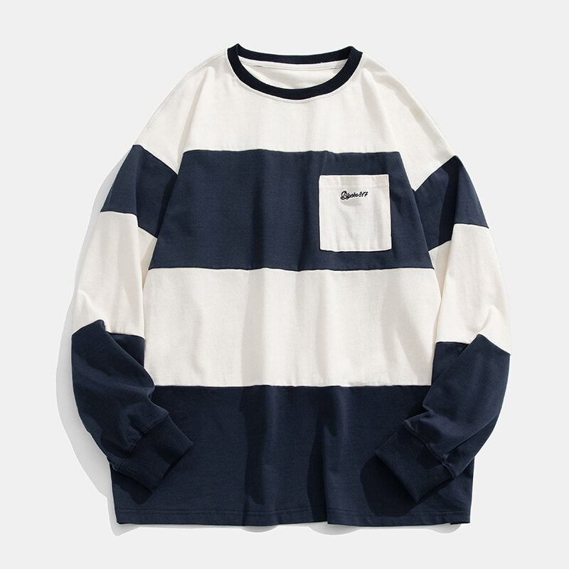 Bonsir Men Striped Hoodies Oversized Sweatshirt Harajuku Pullovers Neutral Korean Fashion Couples Matching Pocket Long Sleeve Tops