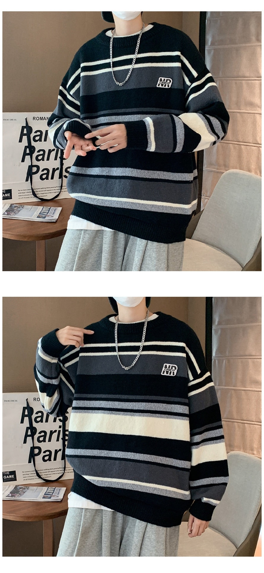 Bonsir Stripe Contrast Sweater Men's Autumn and Winter Fashion Brand Trendy Loose Round Neck Pullover Knitwear Sweater Coat