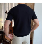 Bonsir Summer New V-neck Men's Solid Color Short-sleeved T-shirt British Slim Lapel Knitted Striped Casual  Polo Shirt