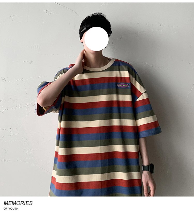 Bonsir Casual T-shirts All-match Fashion Rainbow-colored Contrasting Loose Tops Classic Five-point Sleeves O-neck Men Clothes Oversize