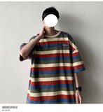 Bonsir Casual T-shirts All-match Fashion Rainbow-colored Contrasting Loose Tops Classic Five-point Sleeves O-neck Men Clothes Oversize