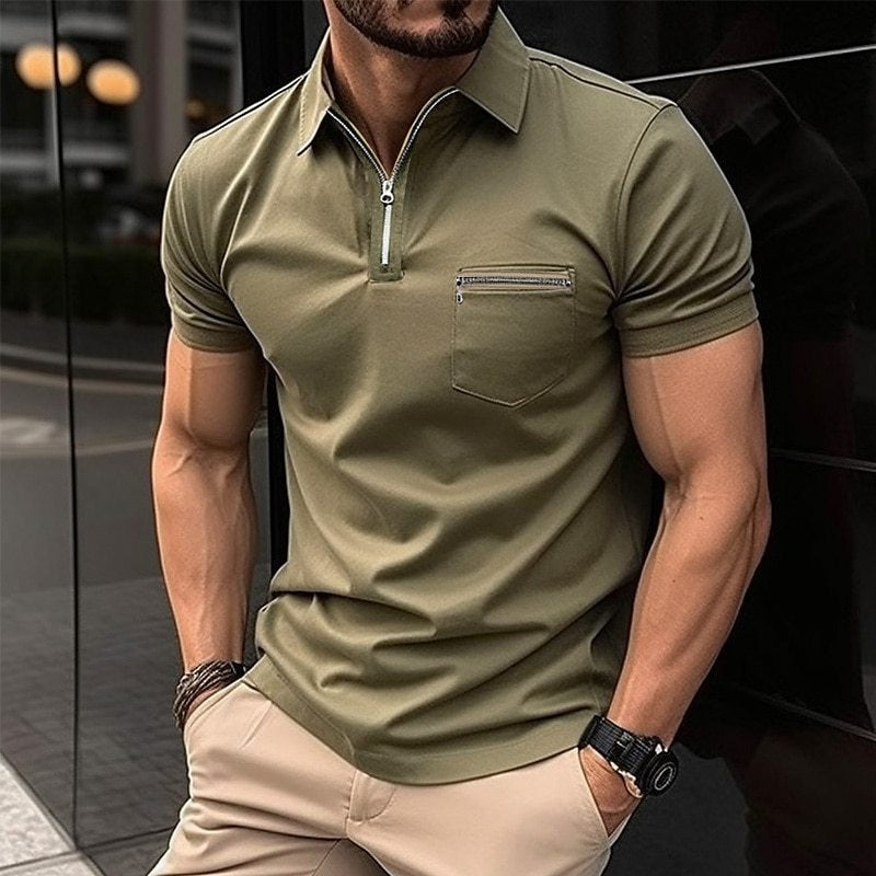 Bonsir Casual Slim Short Sleeve Lapel T-shirts Men Fashion Zipper Design Polo Shirt Summer Leisure Pure Color Slim Tops Mens Shirt