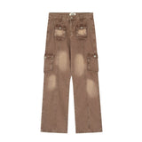 Bonsir High Street Washed Pockets Retro Jeans Pants for Men Straight Distressed Casual Baggy Denim Trousers Loose Hip Hop Cargos