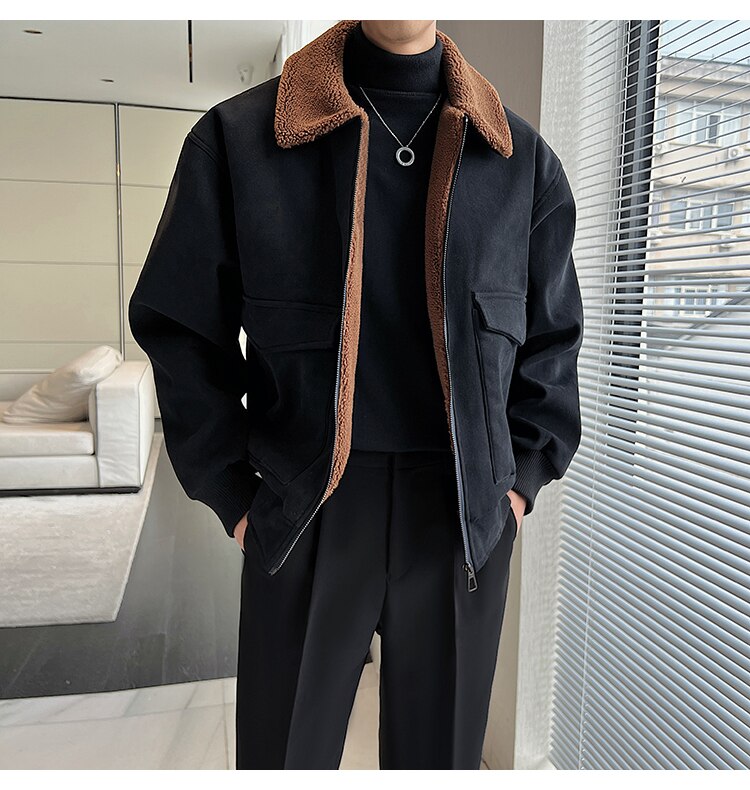 Bonsir Winter Men Lamb Fur Inner Fashion Loose Casual Vintage Short Cargo Jacket Male Japan Korean Streetwear Coat Outerwear