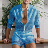Bonsir New Arrivals Men Set Summer Sexy See Through Lace Outfits Beach Fashion Short Sleeved Tops And Shorts Mens Two Piece Suits