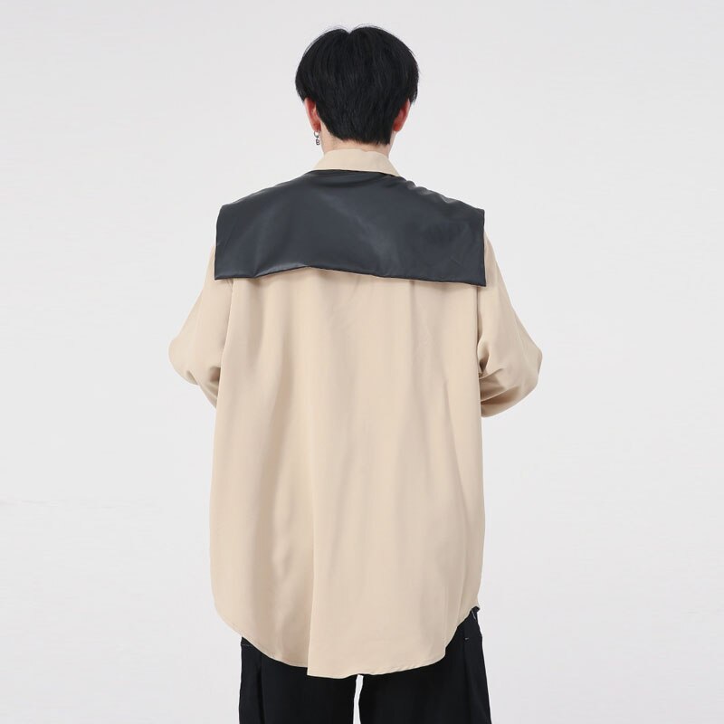 Bonsir Men Splice Leather Vest Oversize Streetwear Fashion Loose Casual Long Sleeve Shirt Net Celebrity Stage Show Clothing Male Shirts