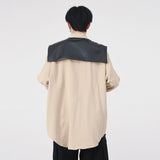 Bonsir Men Splice Leather Vest Oversize Streetwear Fashion Loose Casual Long Sleeve Shirt Net Celebrity Stage Show Clothing Male Shirts