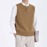 Bonsir Sweater New Autumn V-neck Sleeveless Sweater Vest Men Solid Color Loose Casual Brown Vest Harajuku Sweater for Men