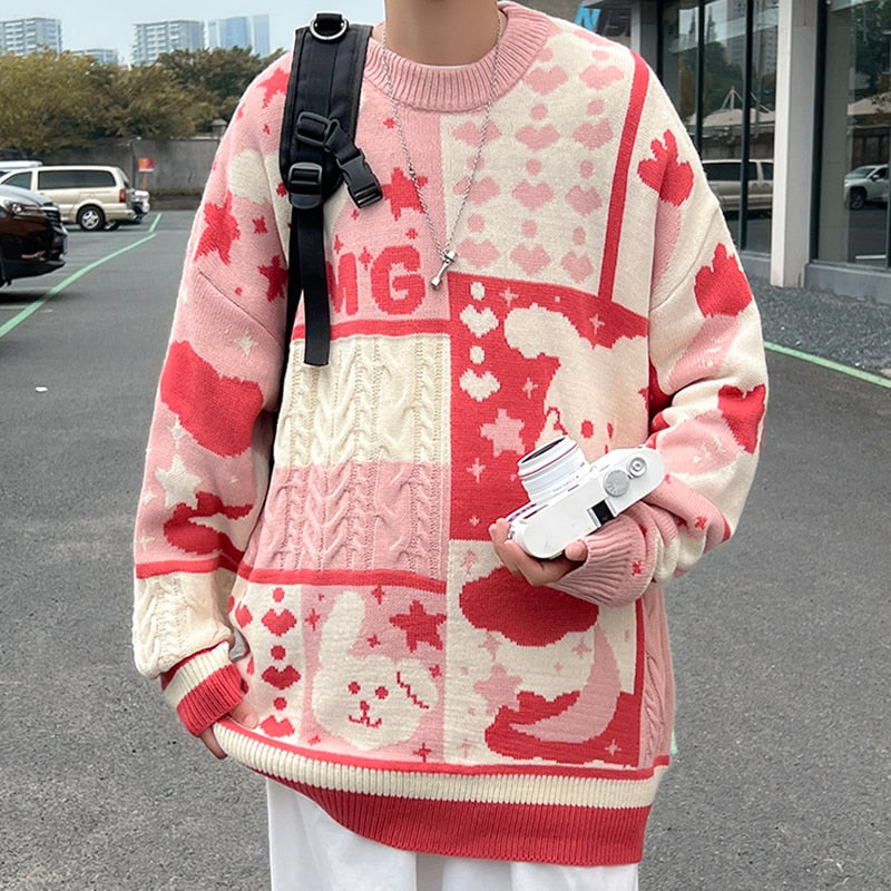 Bonsir Cartoon Knit Sweater Autumn Winter Loose Fashion Pullover Men Casual Sweater Hip Hop Couple Knitted Sweater Patchwork