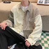 Bonsir Corduroy Shirt Men Vintage Splicing Top Oversized Long Sleeves Blouse Trend Fashion Streetwear Spring Autumn Y2K Male Clothes