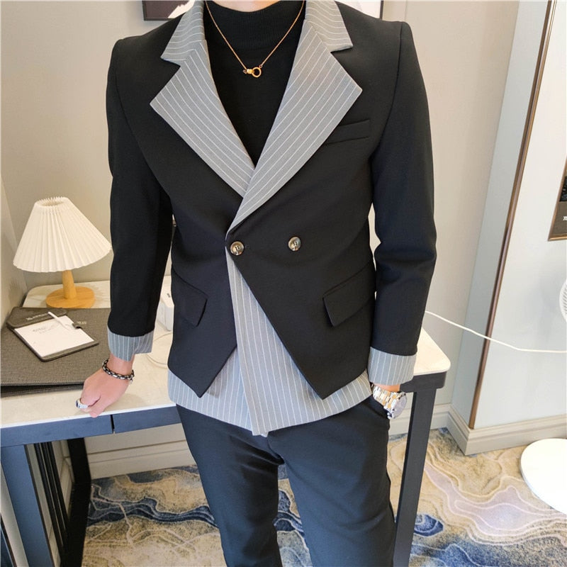 Bonsir Korean Patchwork Suit 2 Piece Suit Blazer Men Suit Set Slim Fit Tuxedo Suit Blazer Suit Men Stylish Blazer Stage Party Club