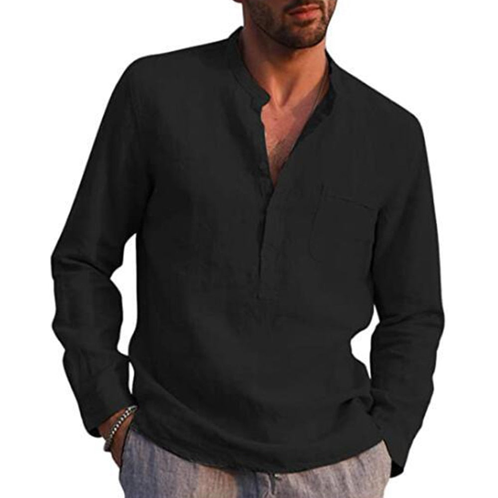 Bonsir Cotton Linen Hot Sale Men's Long-Sleeved Shirts Summer Solid Color  Stand-Up Collar Casual Beach Style Plus Size