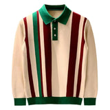 Bonsir Spring Autumn Knitting Polo Shirt Men Casual Turn-down Collar Button Fashion Color Stripe Slim Tops Ice Silk Knitting T-shirts