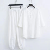 Bonsir Spring Summer New Men's Fashion Casual Solid  Short Sleeve T-Shirt Pant Suit Men High-Quality Cotton And Linen Two-Piece Set 5XL