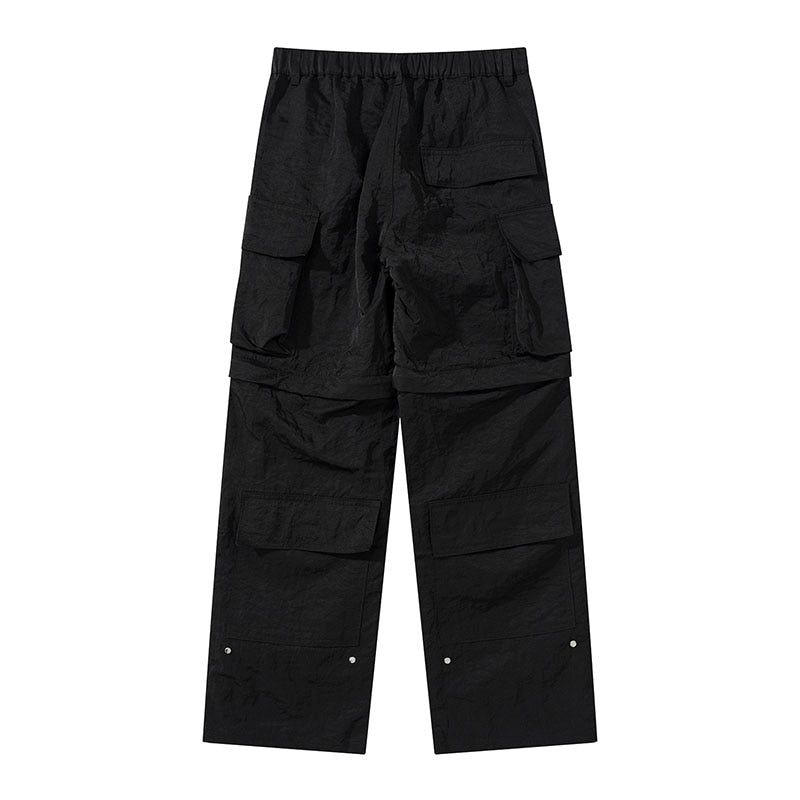 Bonsir Solid Color Knee Detachable Multi-pockets Mens Cargo Pants Elastic Waist Straight Casual Trousers Loose Streetwear Overalls