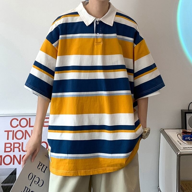 Bonsir Summer Men's Stripe Printing Short Sleeve T-shirt Lapel Collar Cotton Clothes Tshirts Blue/Apricot/yellow Cotton T Shirts