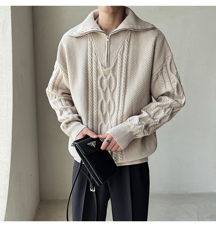 Bonsir High Quality Large Lapel Pullover Sweater Black White Coarse Zipper Knitted Sweater For Men Pull Homme Men Winter Sweater Brand