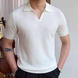 Bonsir Summer New V-neck Men's Solid Color Short-sleeved T-shirt British Slim Lapel Knitted Striped Casual  Polo Shirt
