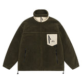 Bonsir Men's Lamb Cashmere Jacket Patchwork Color Drawstring Cotton Coat Outdoor Sportwear Fleece Cargo Jacket Sweatpant Coat