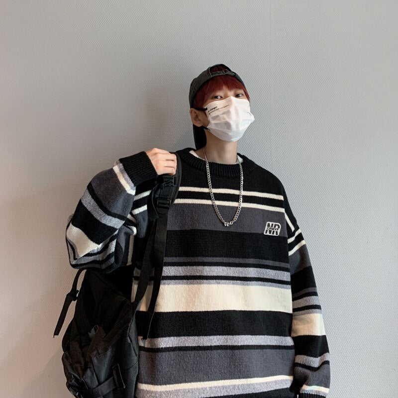 Bonsir Stripe Contrast Sweater Men's Autumn and Winter Fashion Brand Trendy Loose Round Neck Pullover Knitwear Sweater Coat