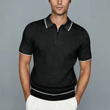 Bonsir Casual Slim Fit Solid Knitting Tops Mens Summer Fashion Lapel Zipper Polo Shirts Men's Clothing Fashion Short Sleeve Polos