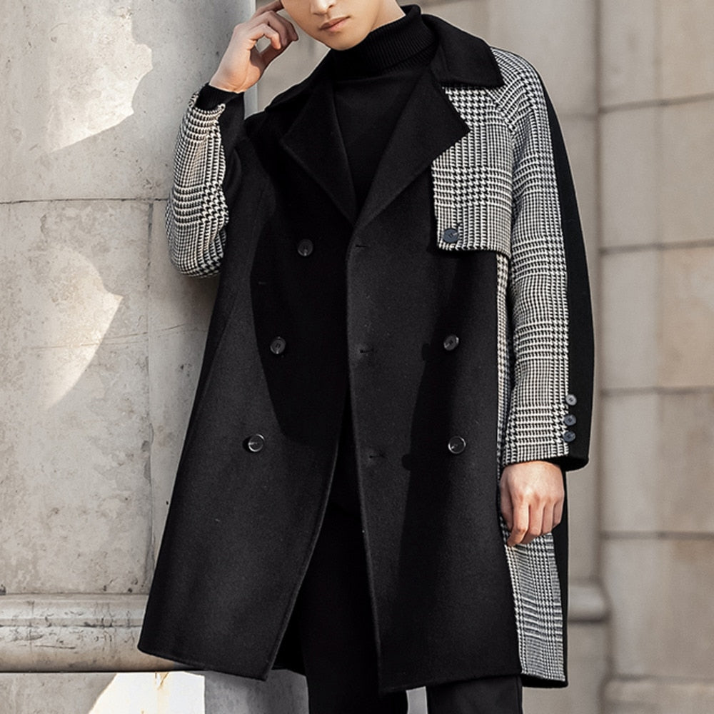 Bonsir Double Sided Cashmere Coat Men's Thousand Bird Lattice Stitched Winter Coat Medium Long Men's Wool Woolen Cloth Thickened Trench