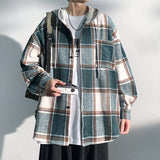 Bonsir Autumn Black/Green Woolen Shirt Men Fashion Casual Plaid Hooded Shirt Men Korean Loose Long-sleeved Shirt Mens Plus Size M-5XL