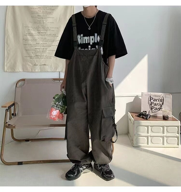 Bonsir  Men's Fashion Oversized Overalls College Style Salopettes Romper Jumpsuit Grey/black Color Casual Pants Loose Work Trousers