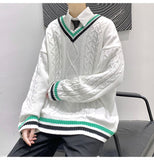 Bonsir Winter V-neck Sweater Men New Patchwork Color Knitted Sweater Pullover Harajuku Couple Streetwear Loose Knitwear Oversized 2XL