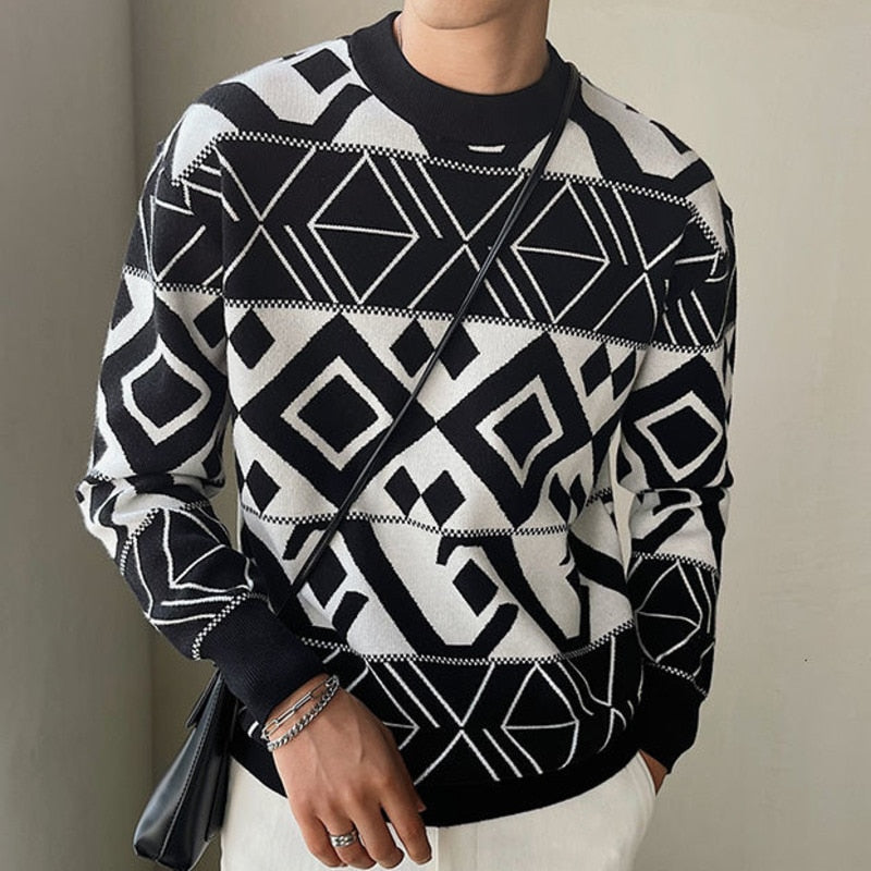 Bonsir  Korean Style Fashion Diamond Printing Sweater Mens Pullover Sweater Pull Homme Autumn Sweater For Men Knitted Round Neck Sweater