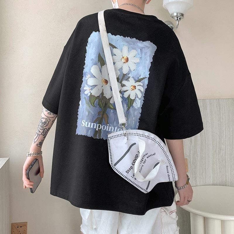 Bonsir Floral print short sleeve t-shirt men's summer heavyweight loose fashion ins top American casual t-shirt Sale Flower tshirt