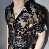 Bonsir Colorful Flowers Pattern Velvet Shirt Men Transparent Short Sleeve Sexy Shirt Social Club Outfits Party Men Designer Shirt